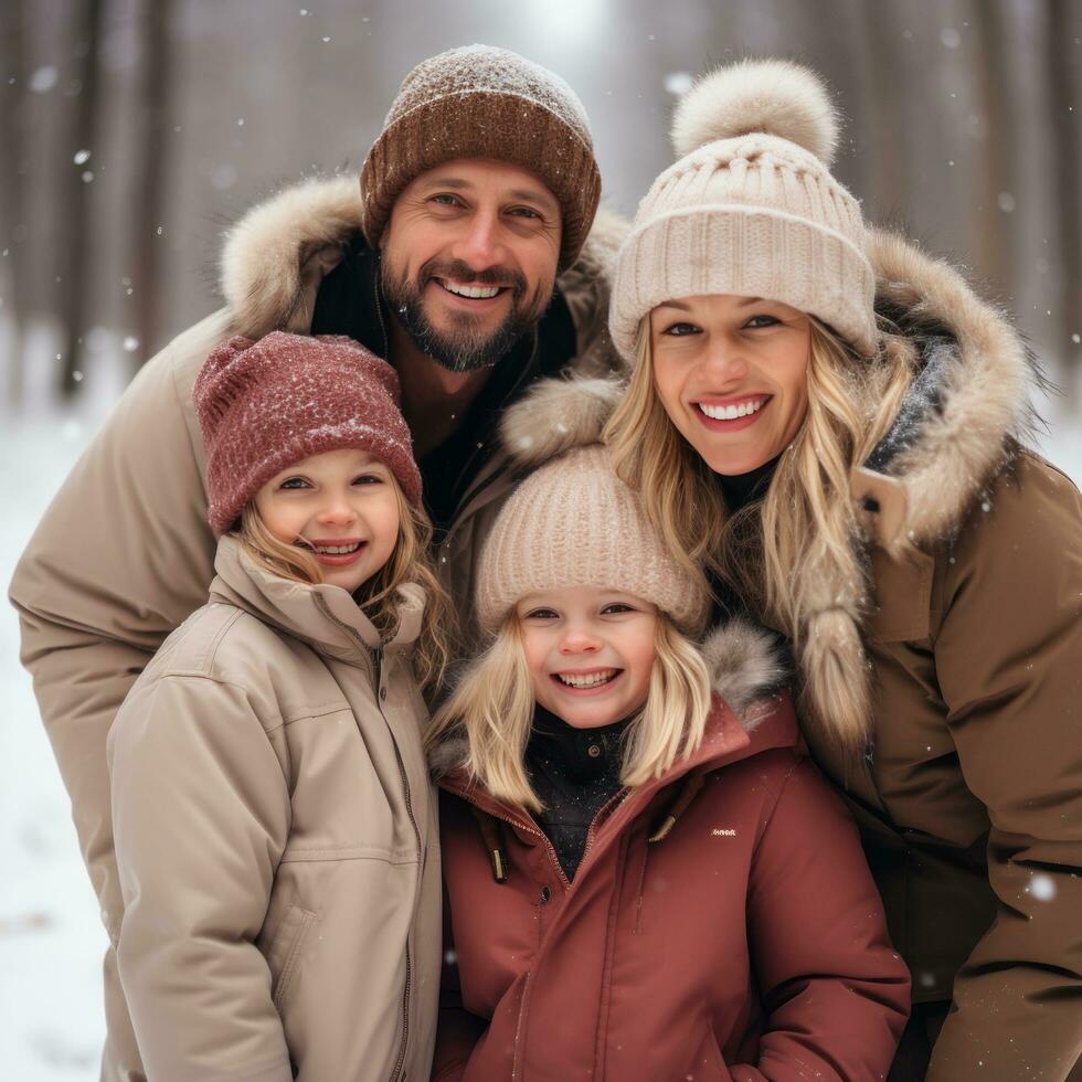 Parents and children sledding down snowy hill together photo