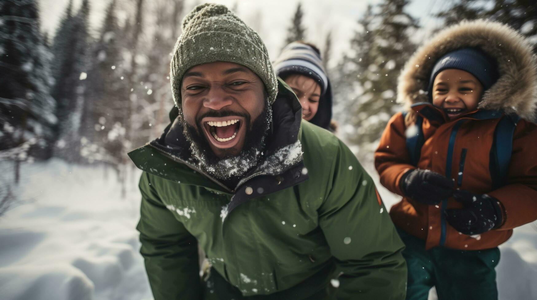 niños y padres riendo durante bola de nieve lucha en el bosque foto