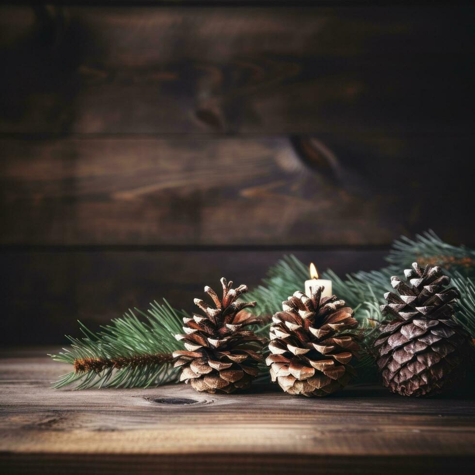 Rustic Wood and Pine Cones - Cozy, natural, and festive with copy space photo