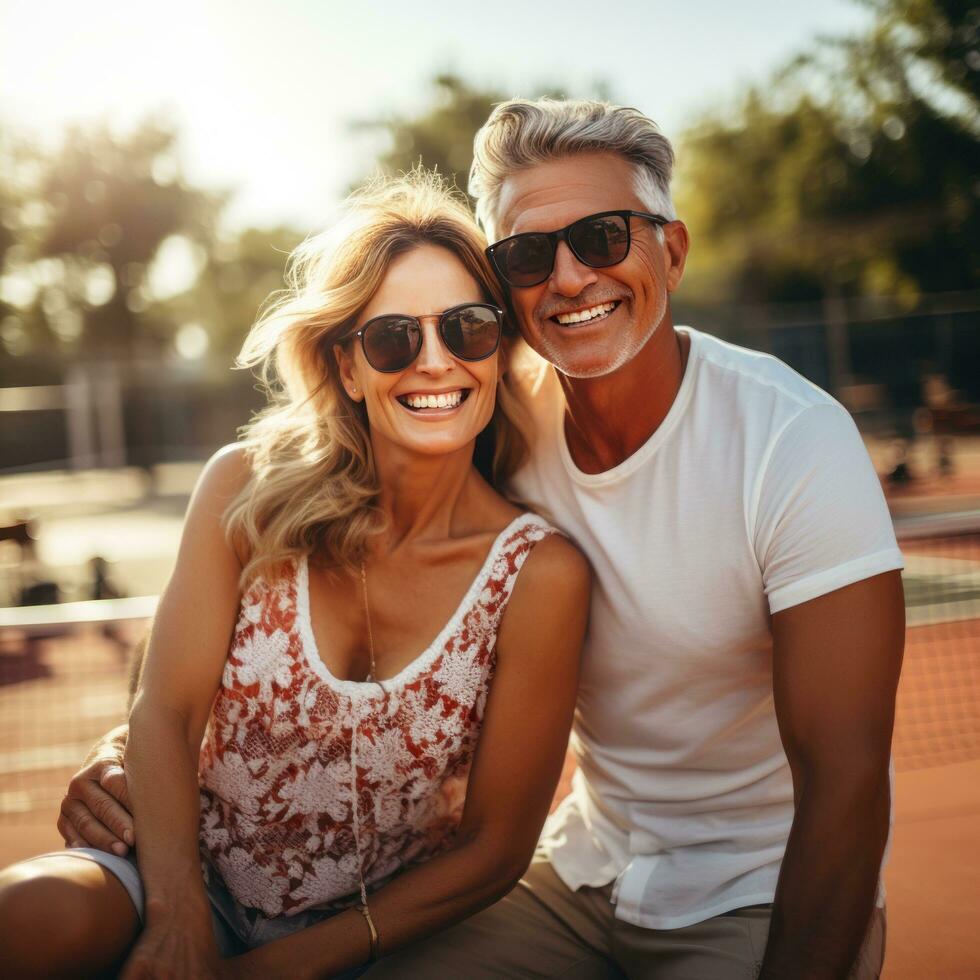 Mature couple enjoying a game of pickleball outdoors photo