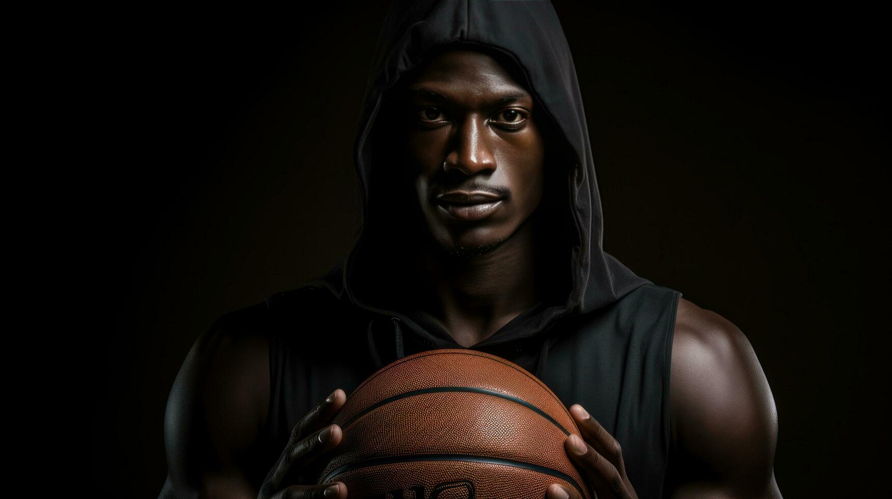 Basketball player holding ball on dark background, in the style of dark brown and black photo