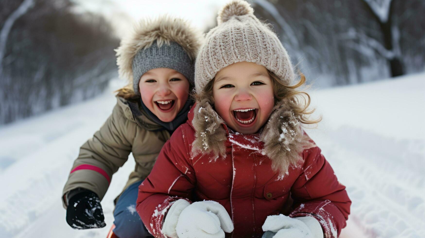 Parents and children sledding down snowy hill together photo