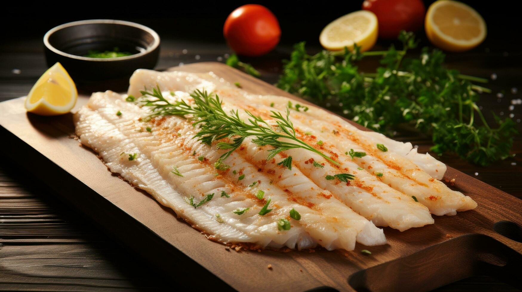 Flounder. Flat, white fish with a mild, sweet flavor photo
