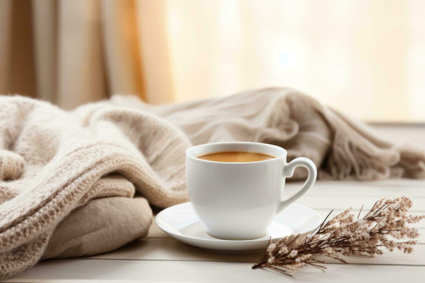 White cup of coffee and book on the autumn mood photo