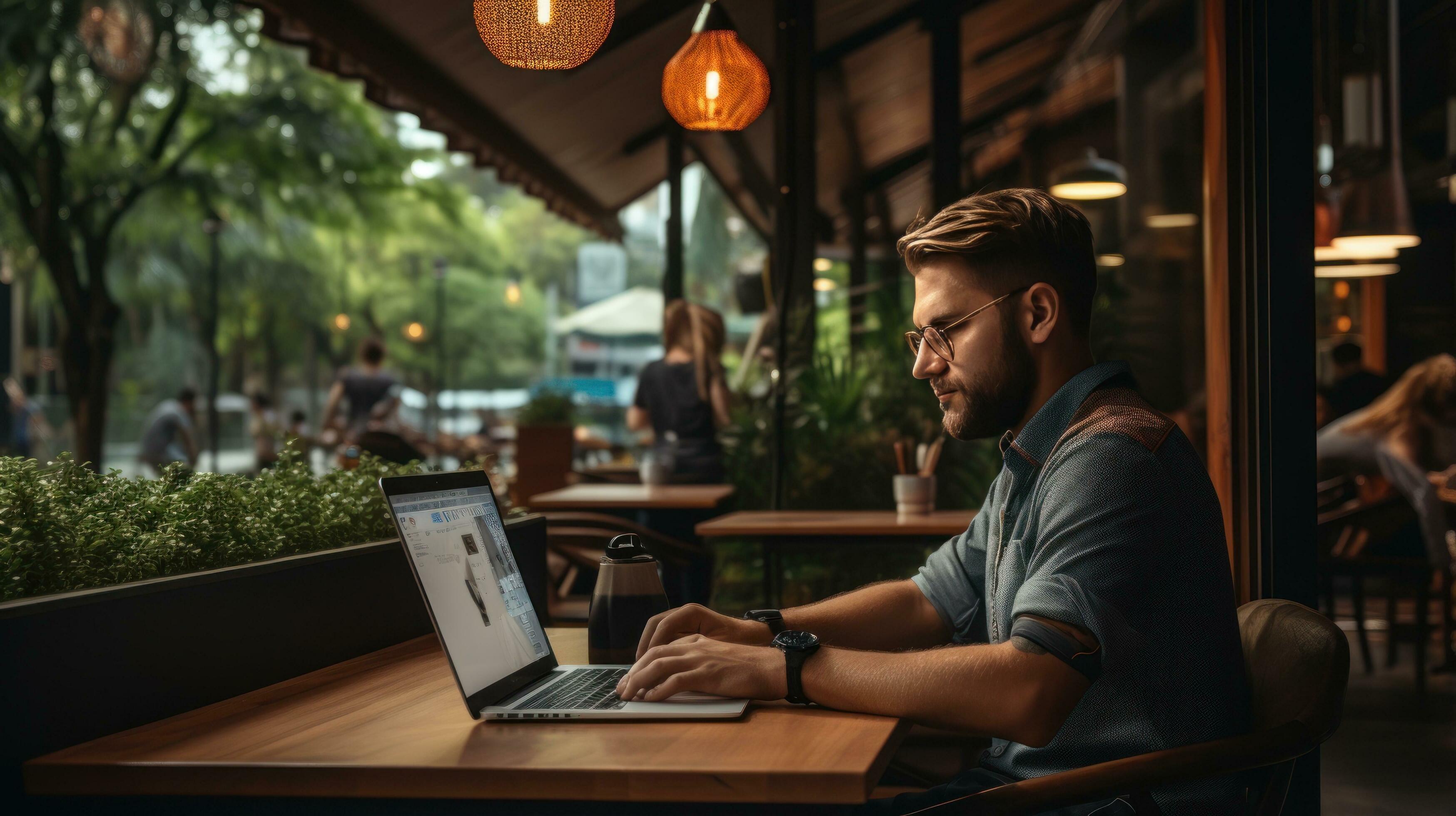 Entrepreneur working on laptop in coffee shop with city street view