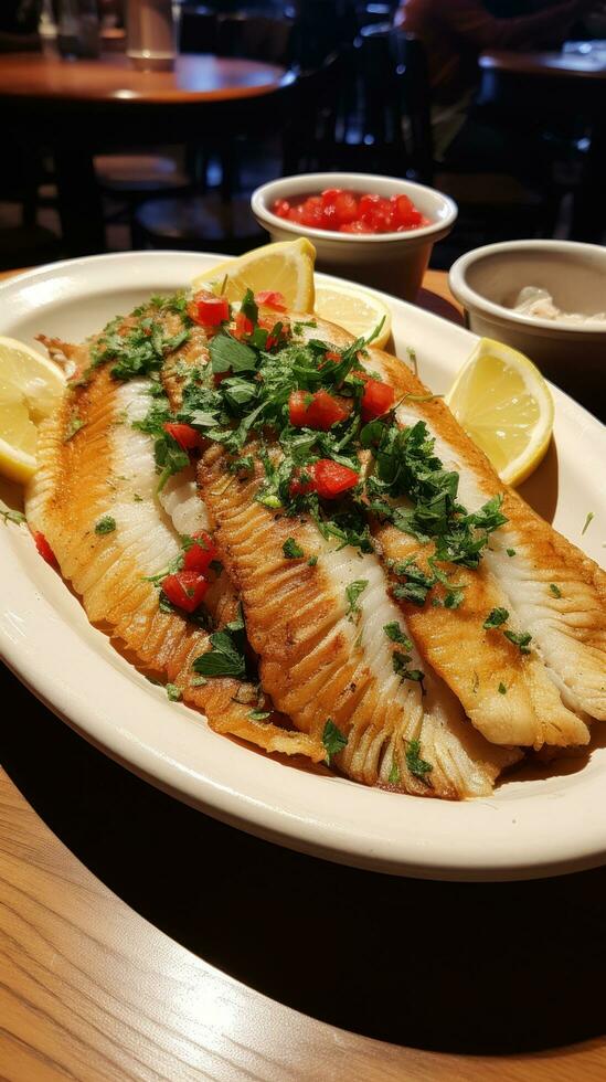 Flounder. Flat, white fish with a mild, sweet flavor photo