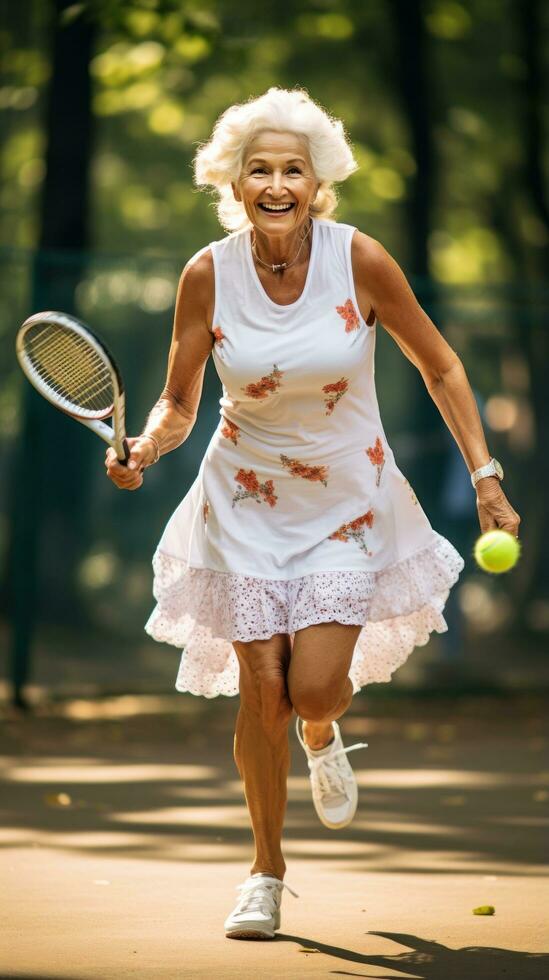 Elderly woman playing tennis with a smile on her face photo