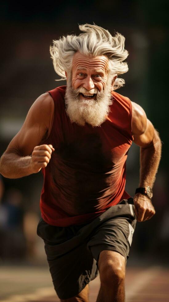 Aged athlete running on a track with determination photo