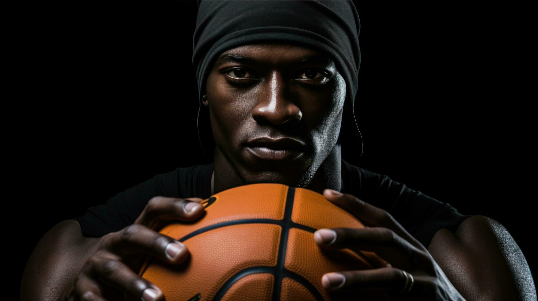 Basketball player holding ball on dark background, in the style of dark brown and black photo