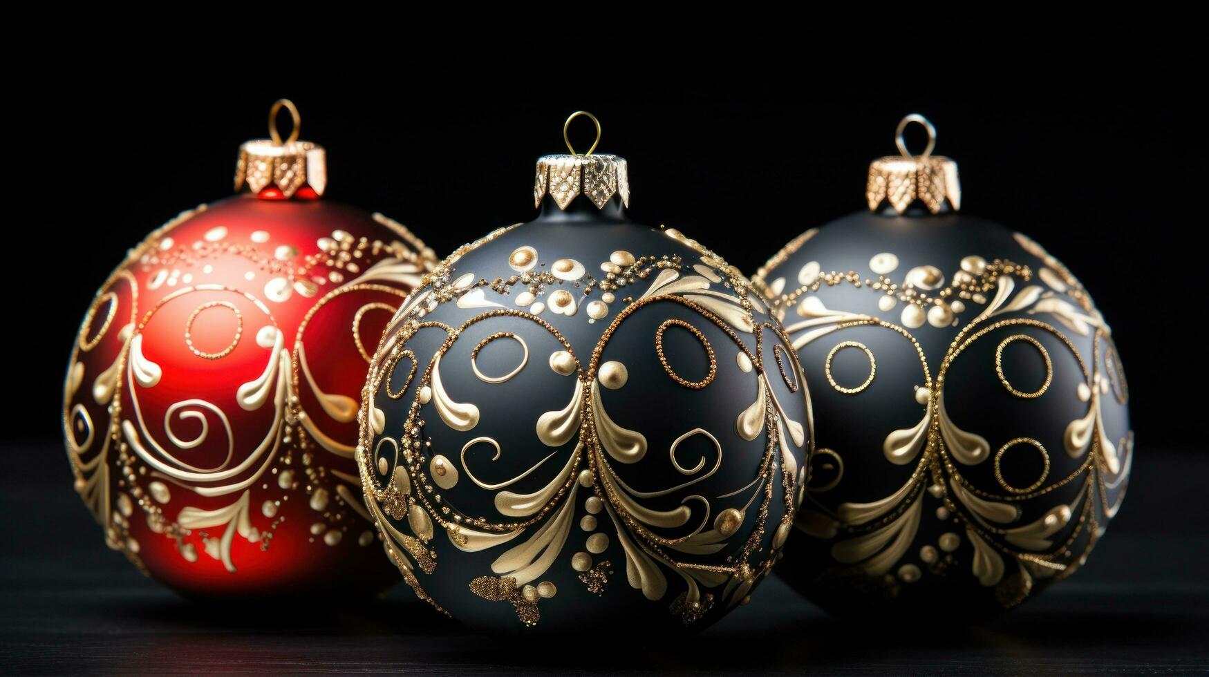 Elegant ornaments. Gold, silver, and red ornaments on a black background photo