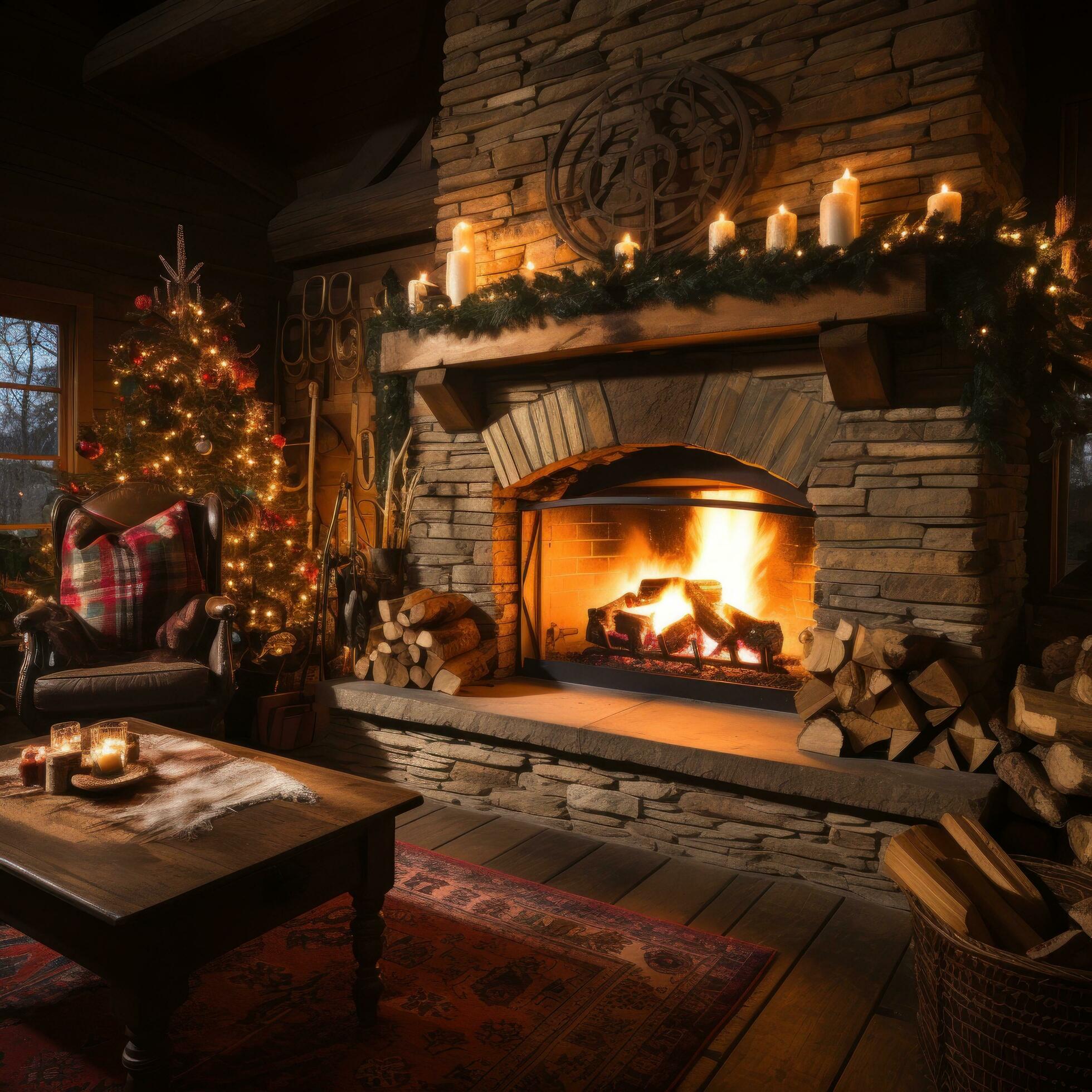 Christmas time, cozy fireplace. Wood logs burning, fire bricks