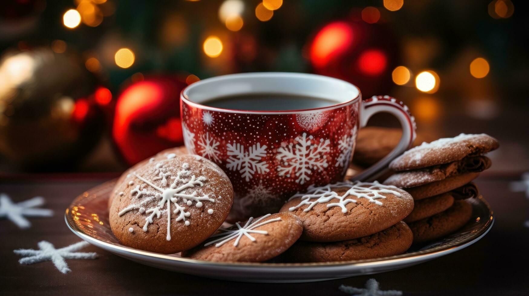 Christmas cookies. Delicious treats, festive decorations, and a cup of cocoa photo