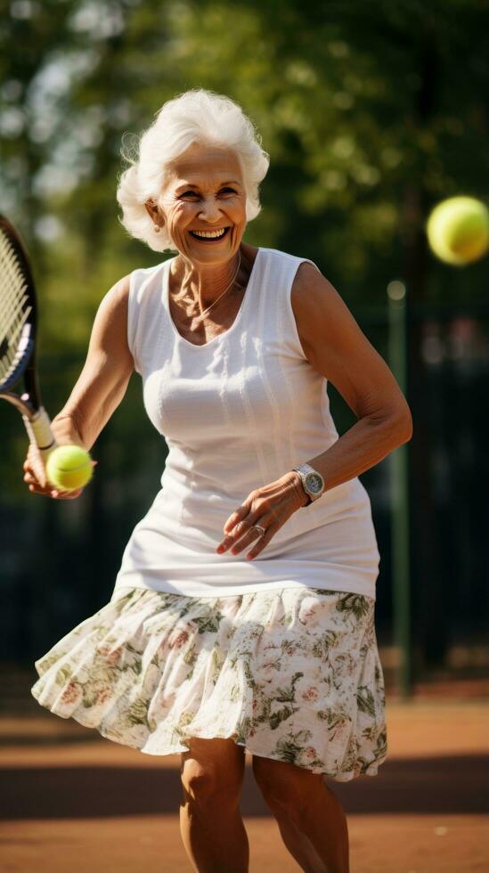 mayor mujer jugando tenis con un sonrisa en su cara foto