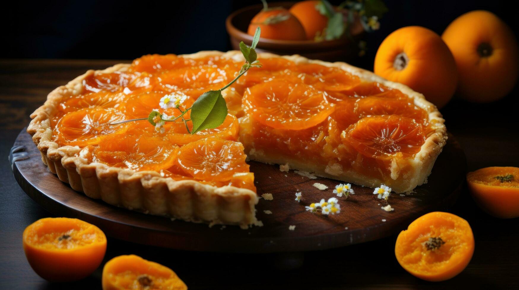 Yummy kumquat pie with sliced one piece on dark surface photo