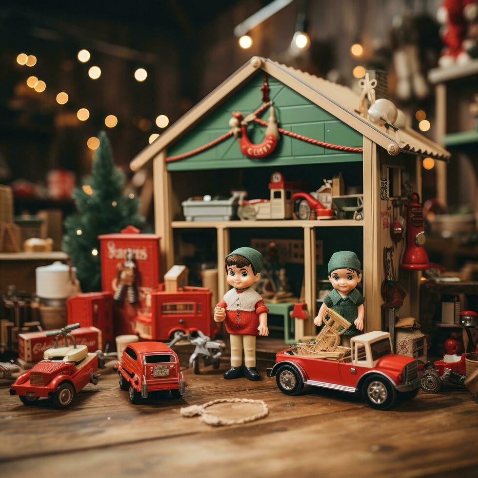 Santa's workshop. Red and green toys, presents, and elves. photo