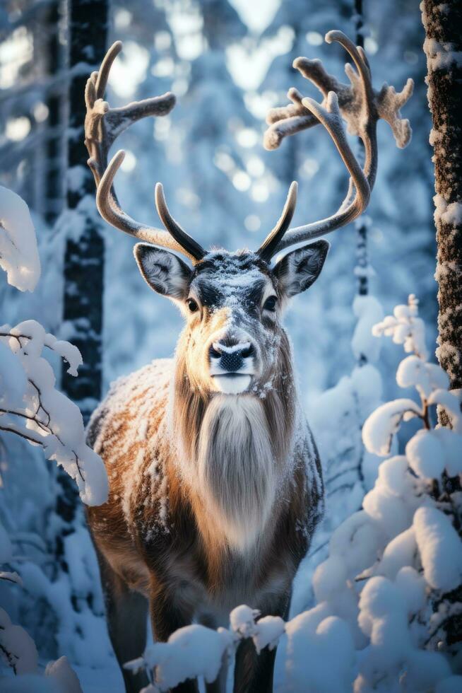 Reindeer on snow. Majestic animals, snow-covered trees, and a starry sky. photo