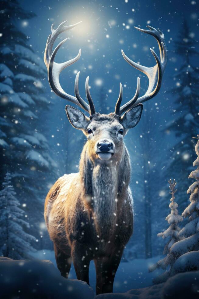 Reindeer on snow. Majestic animals, snow-covered trees, and a starry sky. photo