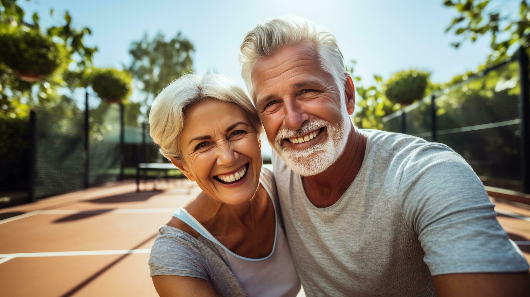 Mature couple enjoying a game of pickleball outdoors photo