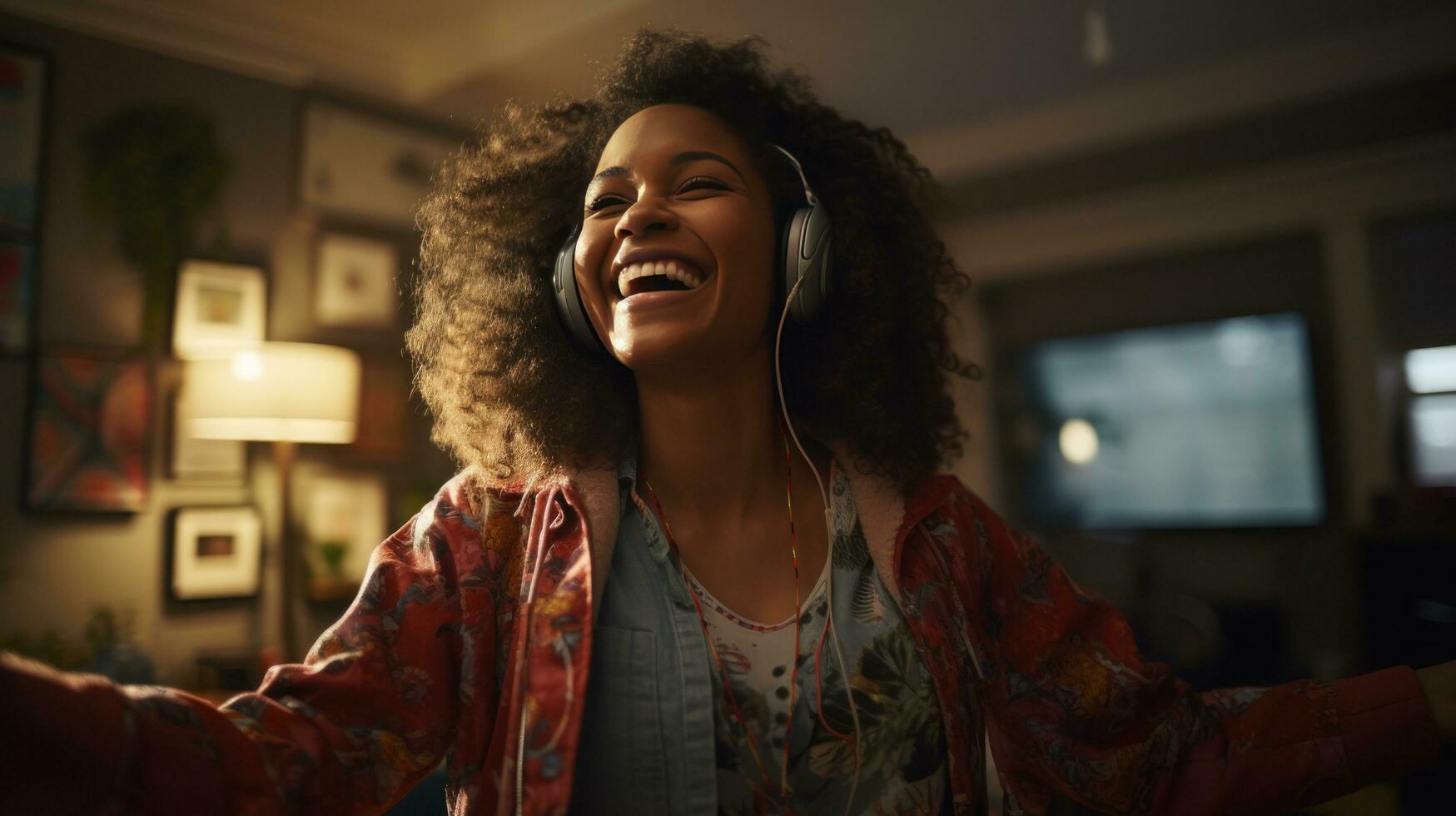 A Joyful African American Woman Dancing on her Sofa photo