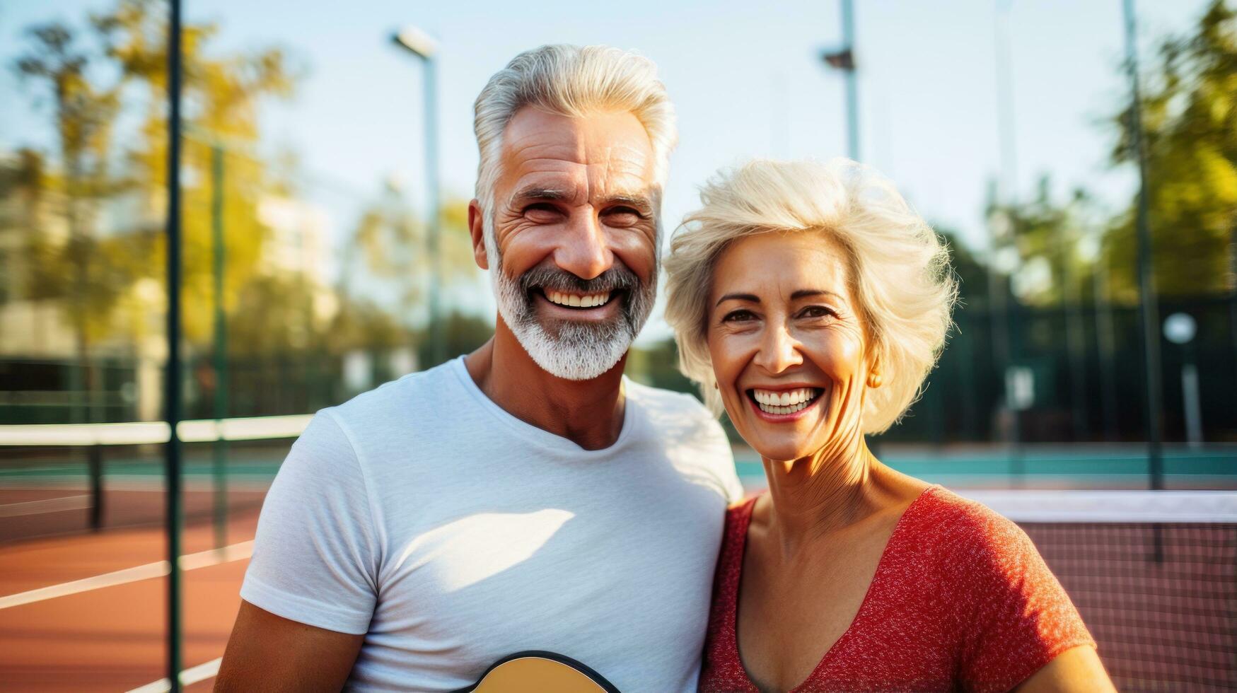 Mature couple enjoying a game of pickleball outdoors photo