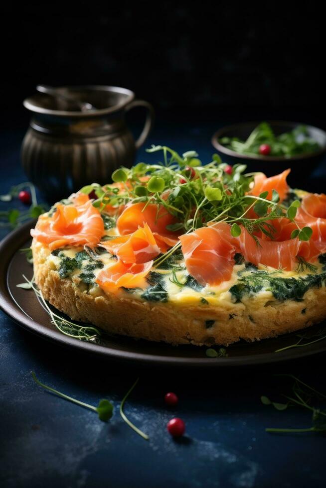 Cheese and spinach quiche with smoked salmon, pepper, parsley and chives photo