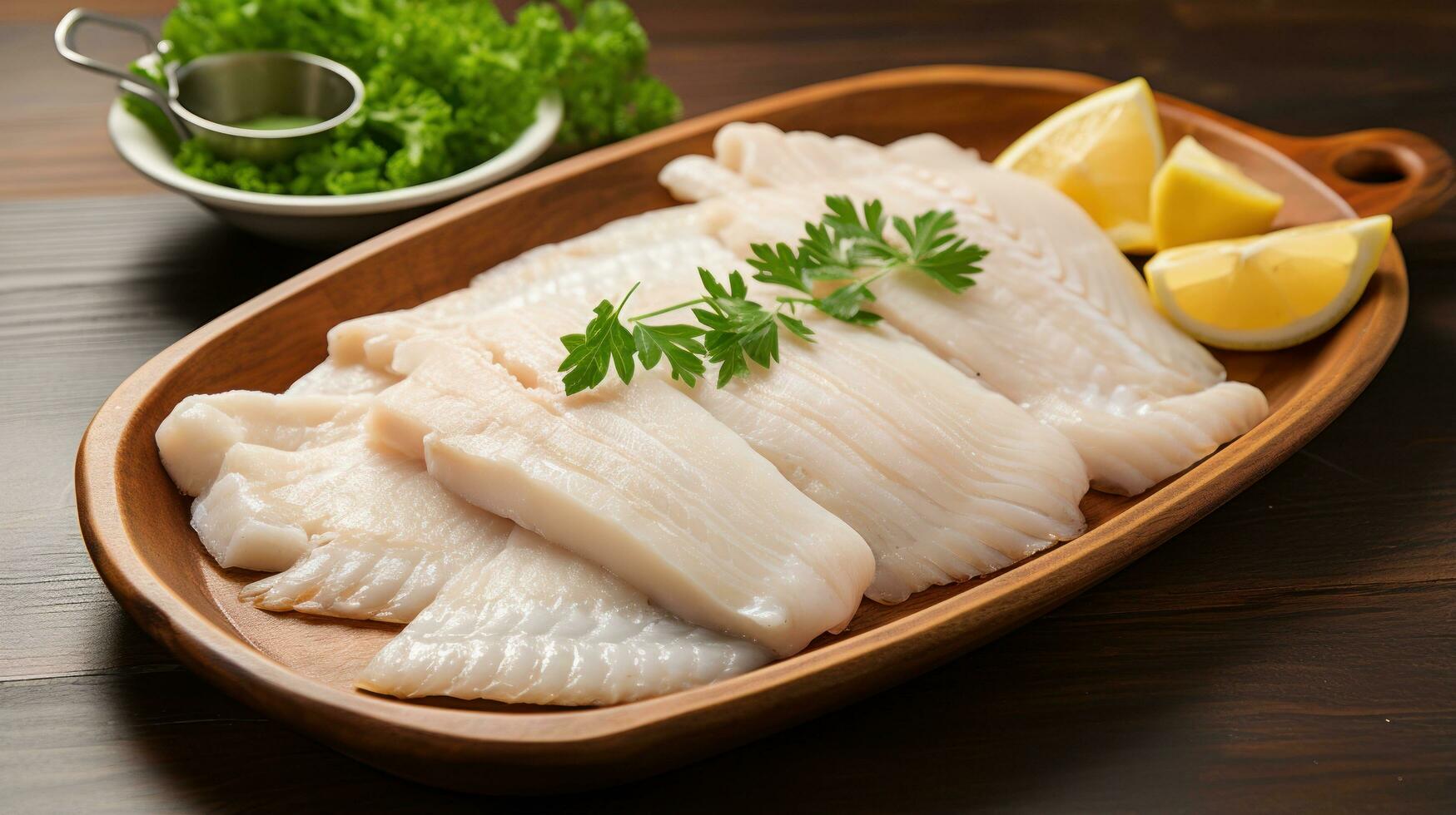 Flounder. Flat, white fish with a mild, sweet flavor photo