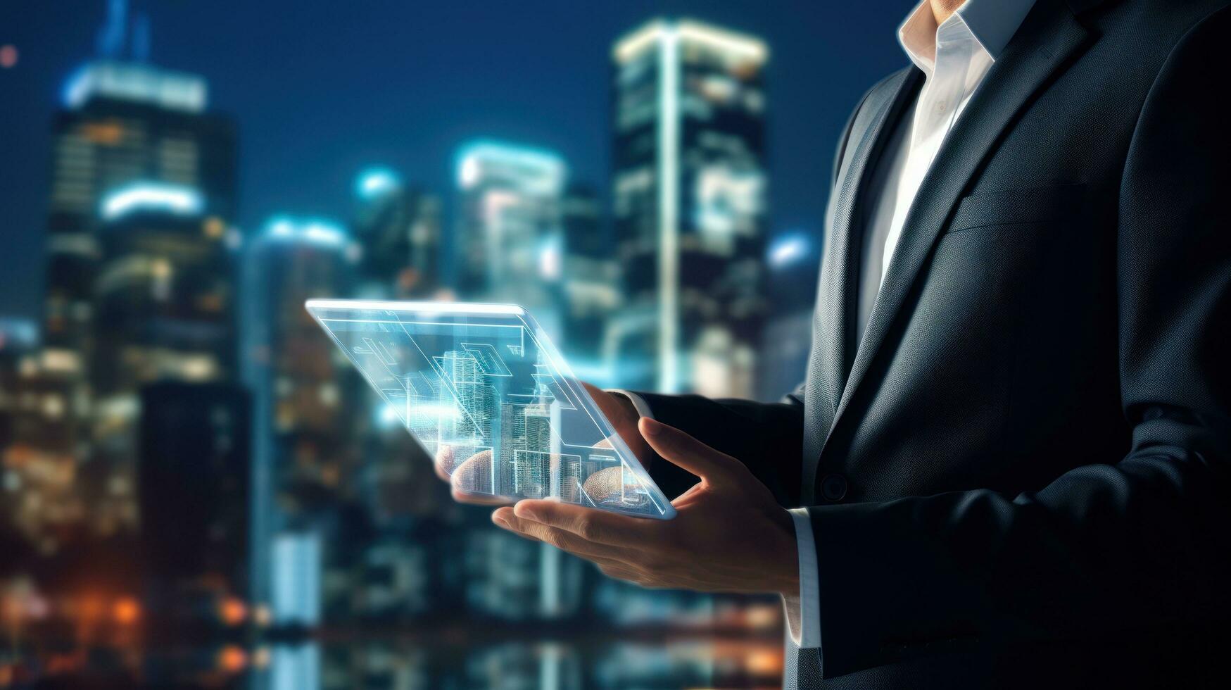 Businessman holding tablet with virtual interface and cityscape background photo