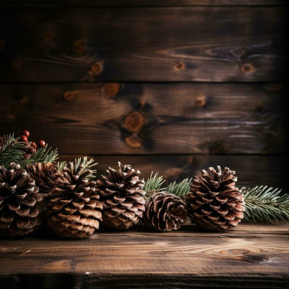 Rustic Wood and Pine Cones - Cozy, natural, and festive with copy space photo