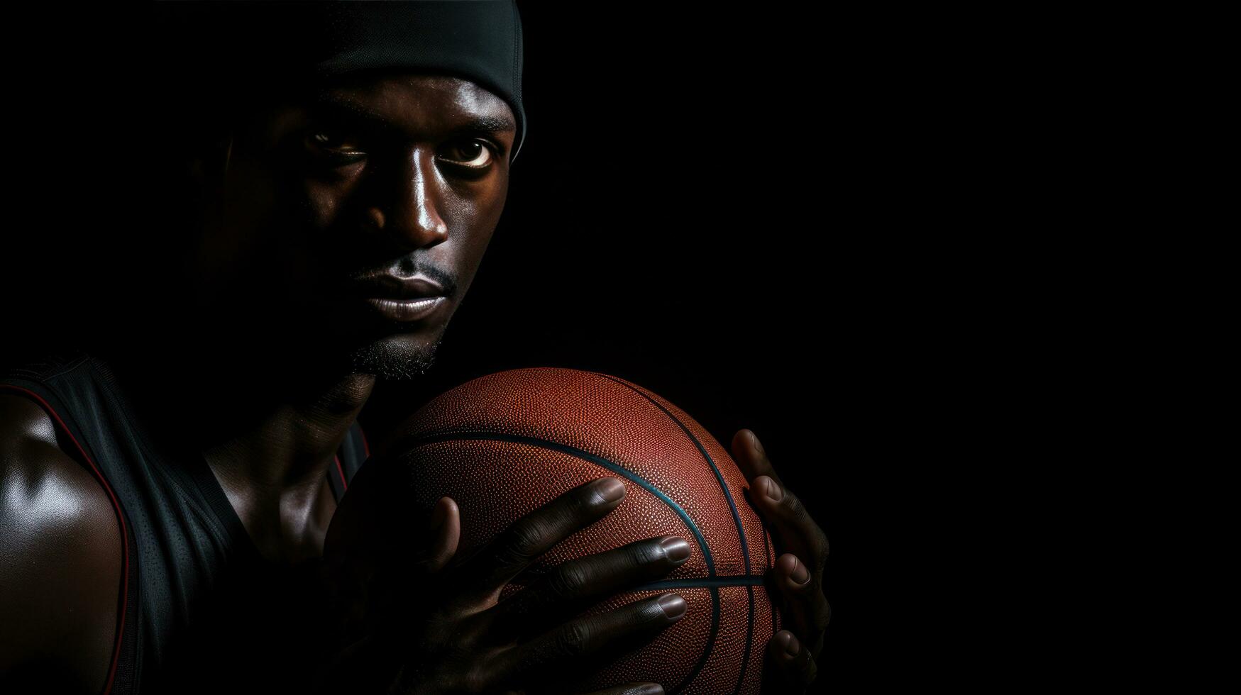 Basketball player holding ball on dark background, in the style of dark brown and black photo