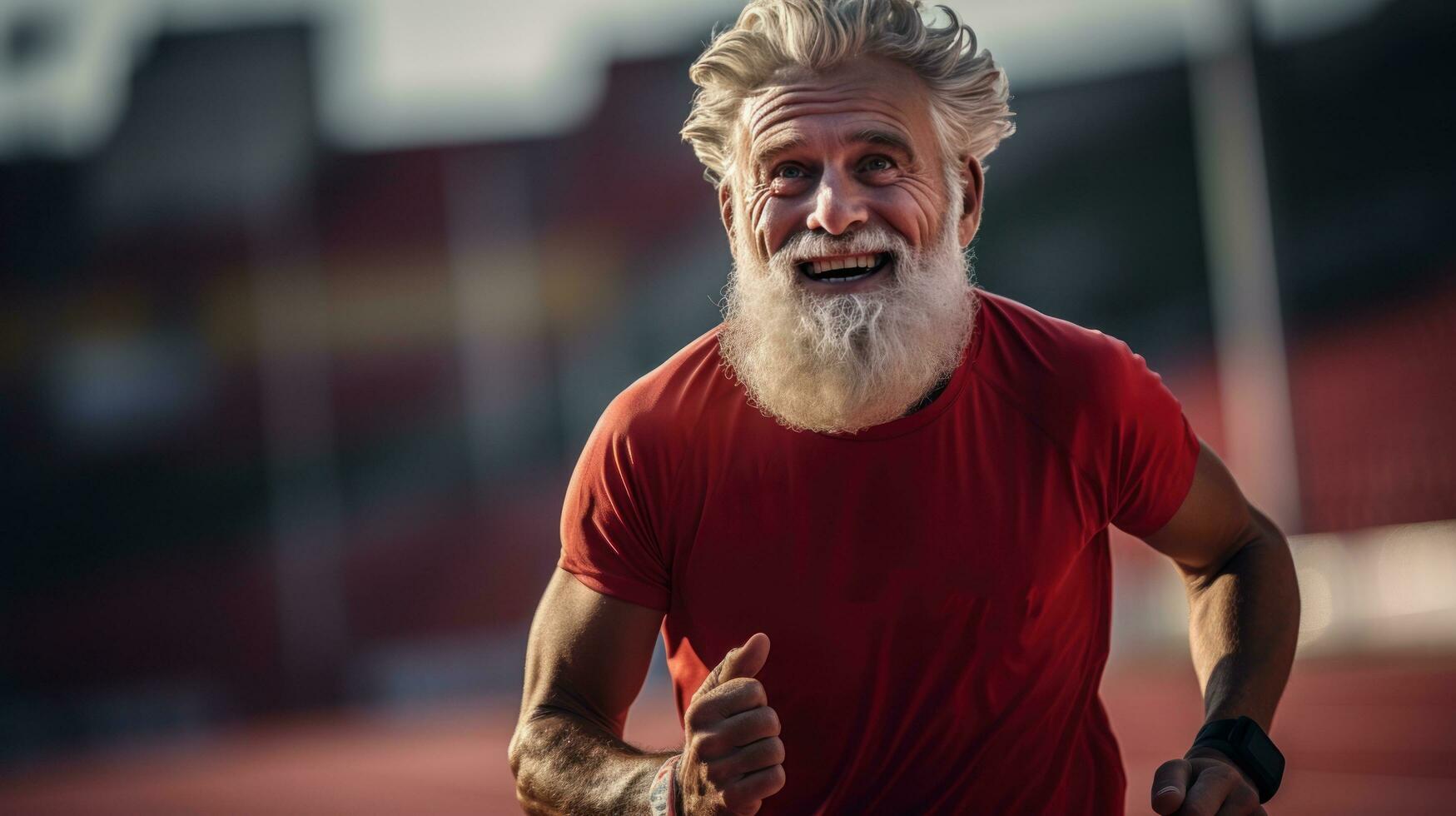 Envejecido atleta corriendo en un pista con determinación foto