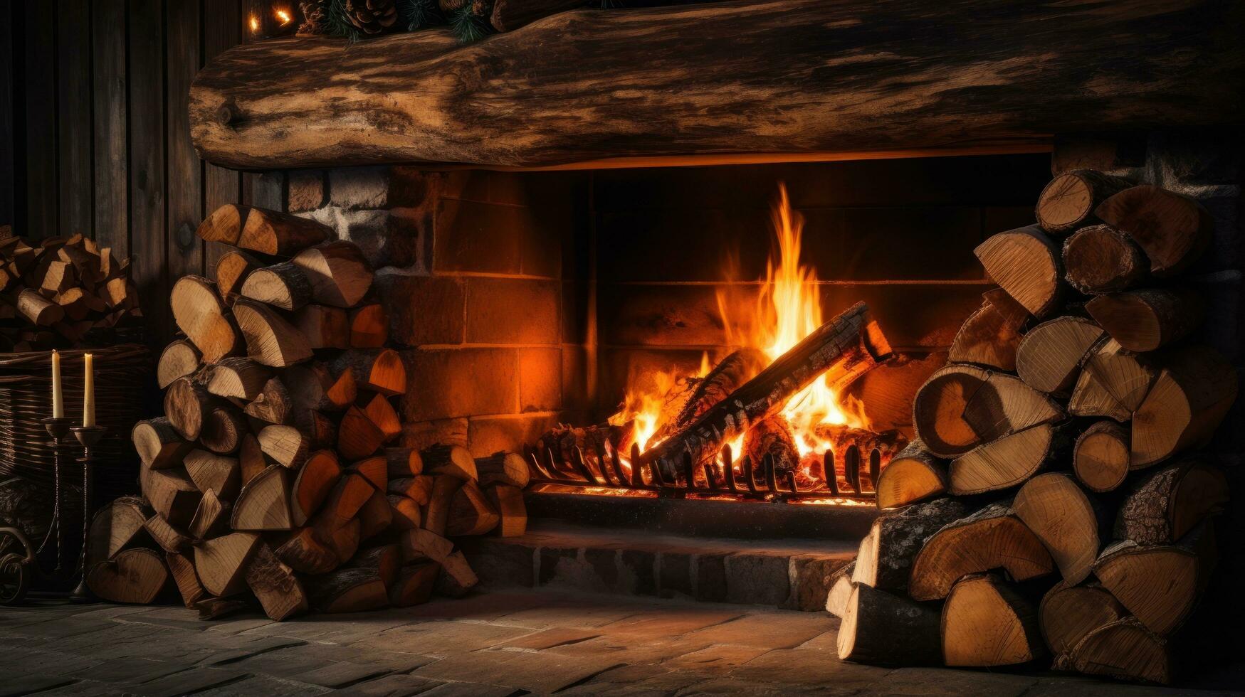 Cozy fireplace. Burning logs, warm colors, and holiday decorations photo