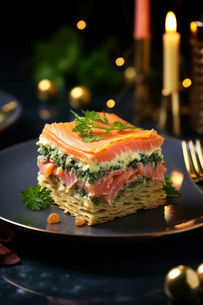 Cheese and spinach quiche with smoked salmon, pepper, parsley and chives photo