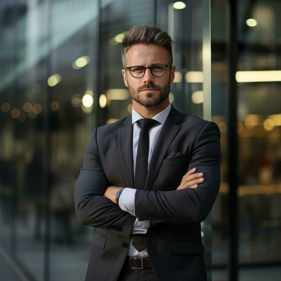 Businessman with arms crossed, standing in front of glass office building photo