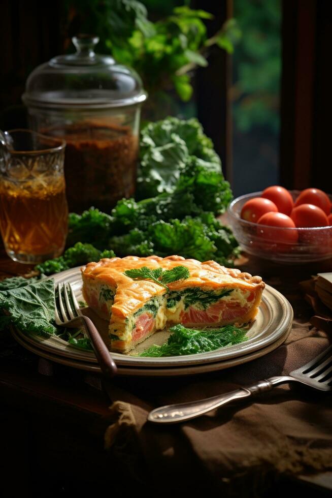 Some salmon and spinach quiche on a plate with a bowl of greens photo