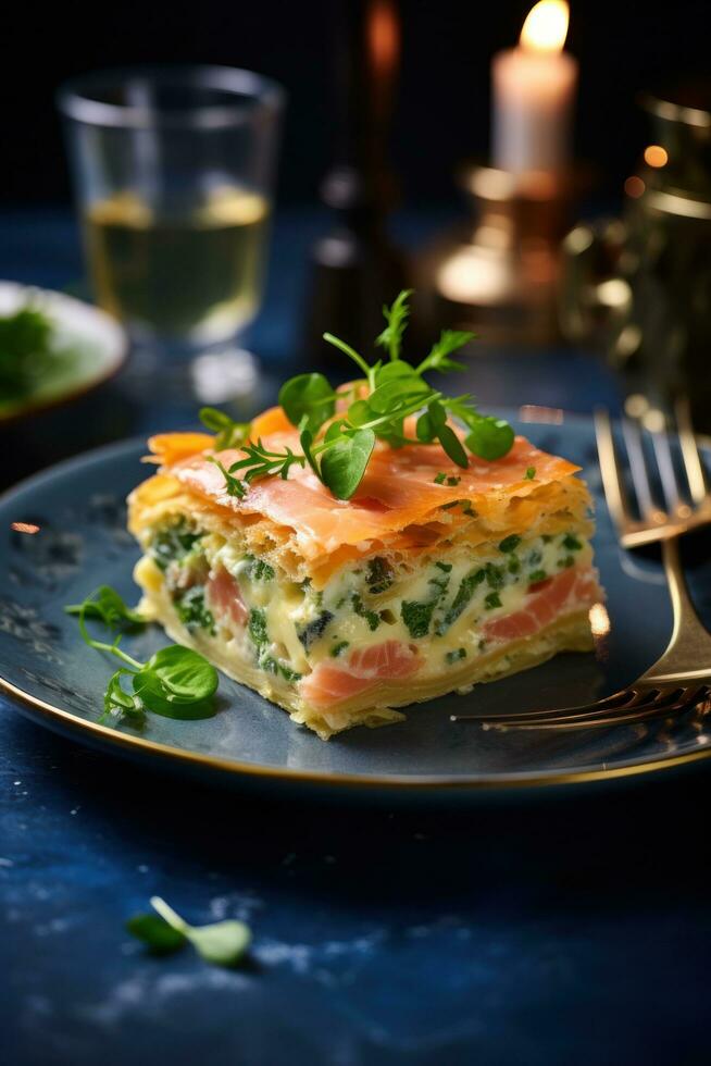 Cheese and spinach quiche with smoked salmon, pepper, parsley and chives photo