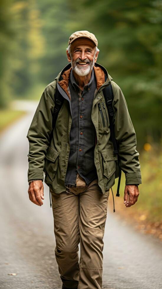 Older man hiking in nature with a walking stick photo
