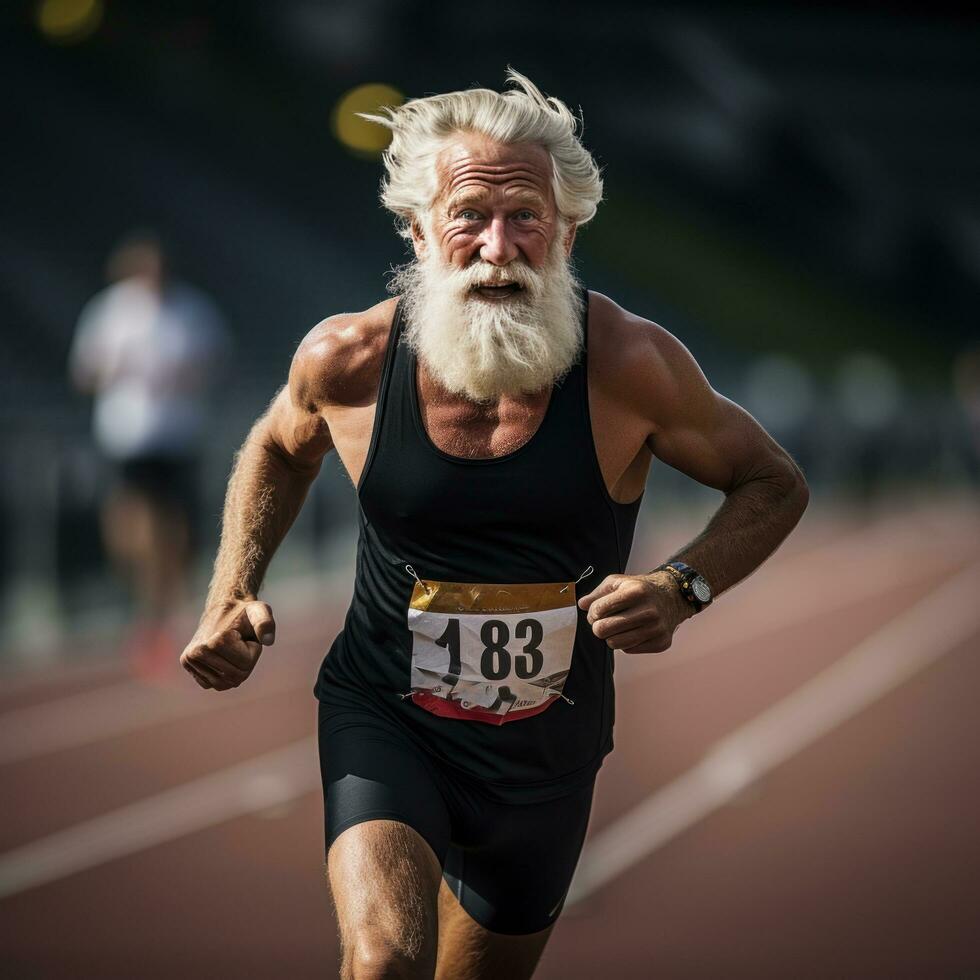 Aged athlete running on a track with determination photo