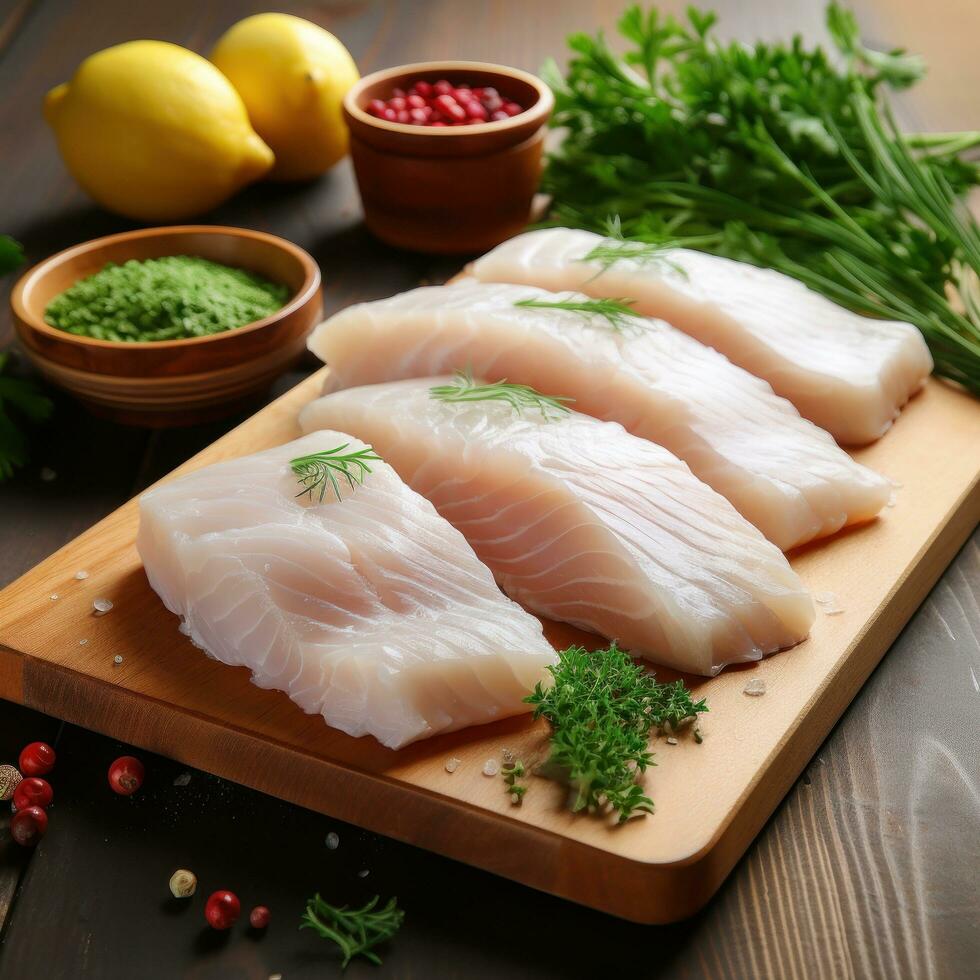 Halibut. Firm, white meat with a sweet, delicate flavor photo