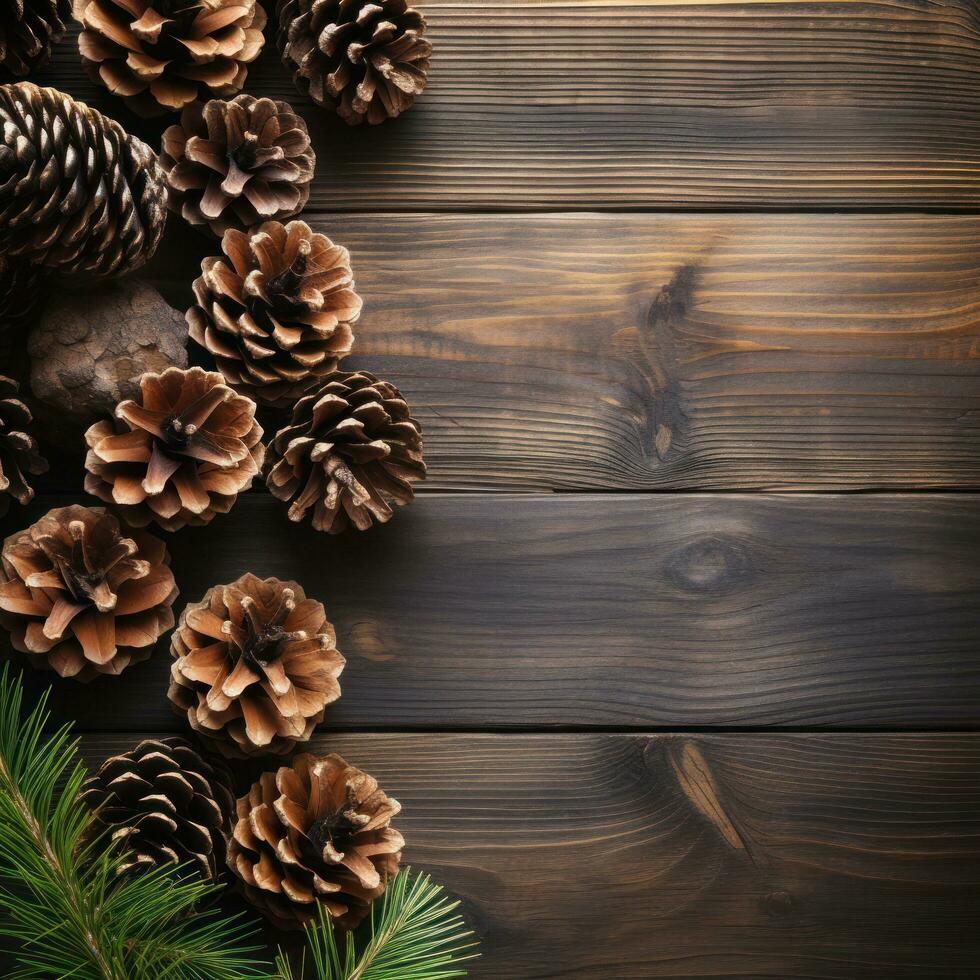 Rustic Wood and Pine Cones - Cozy, natural, and festive with copy space photo