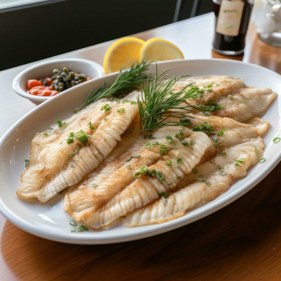 Flounder. Flat, white fish with a mild, sweet flavor photo