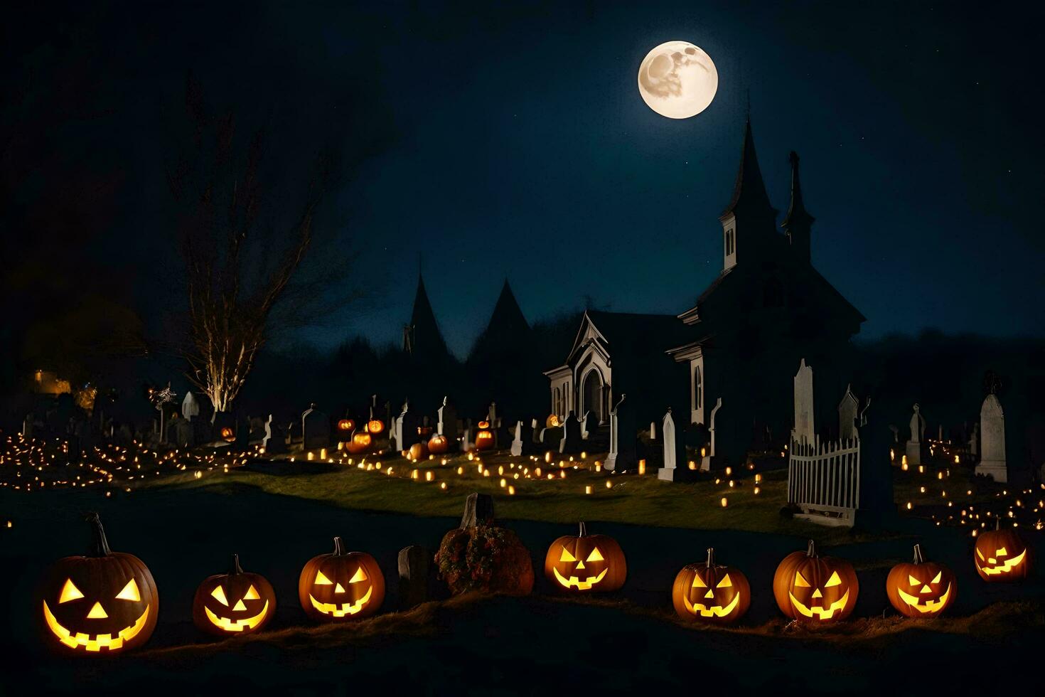 halloween pumpkins in a graveyard at night. AI-Generated photo