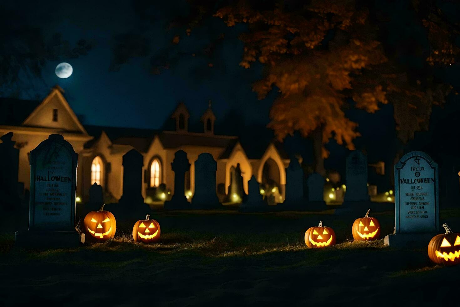 halloween pumpkins in a graveyard at night. AI-Generated photo