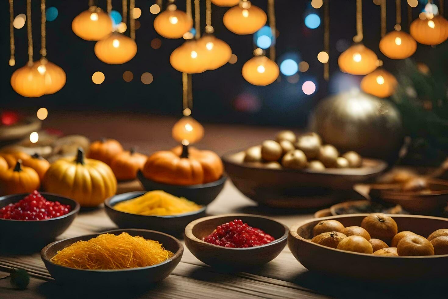 a table with bowls of food and candles. AI-Generated photo