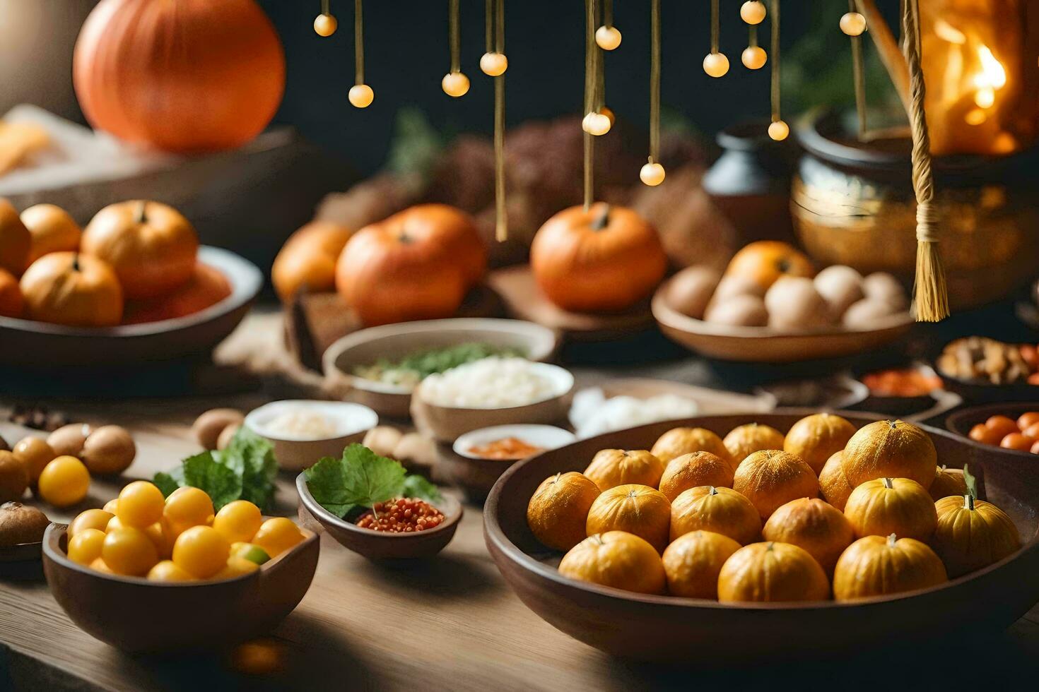 a table with many different types of food. AI-Generated photo