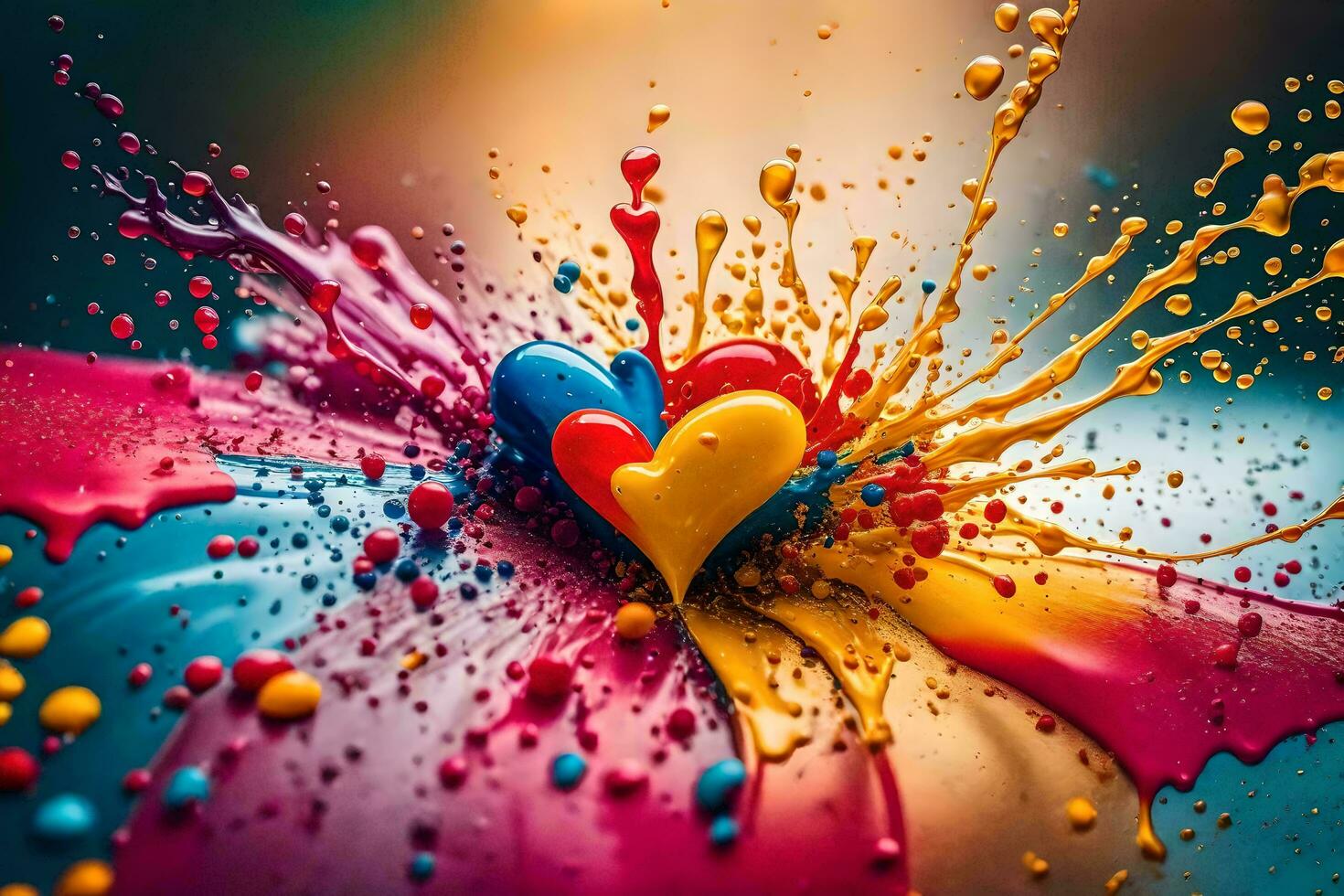 colorful hearts splashing with paint and paint. AI-Generated photo