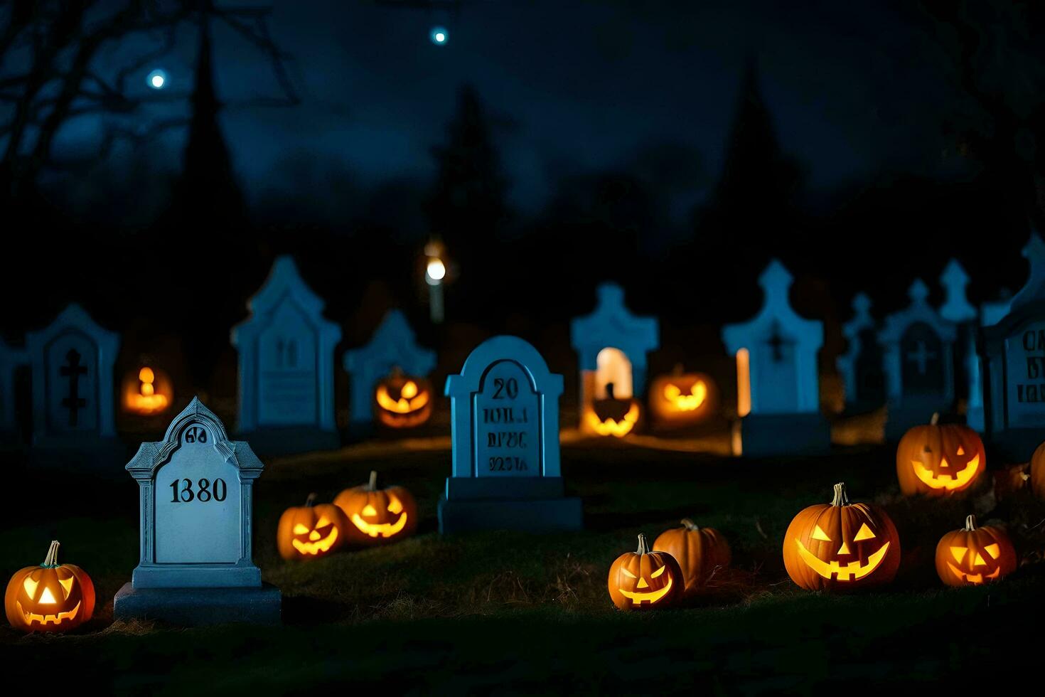 Víspera de Todos los Santos calabazas y lápidas en un cementerio. generado por ai foto