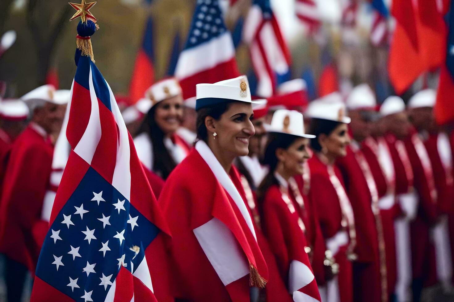 a group of people in red and white uniforms. AI-Generated photo