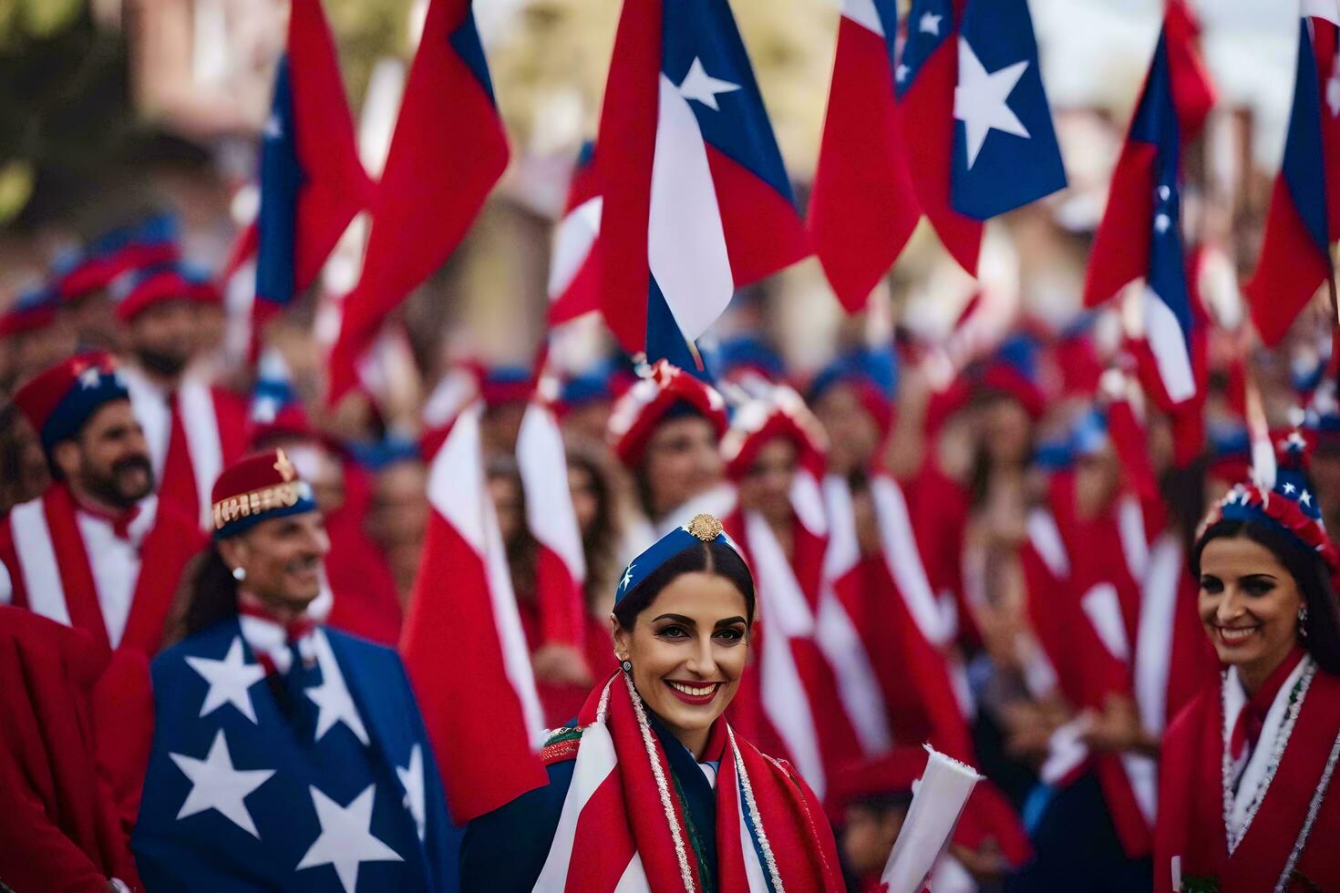 a group of people with flags and red and white. AI-Generated photo