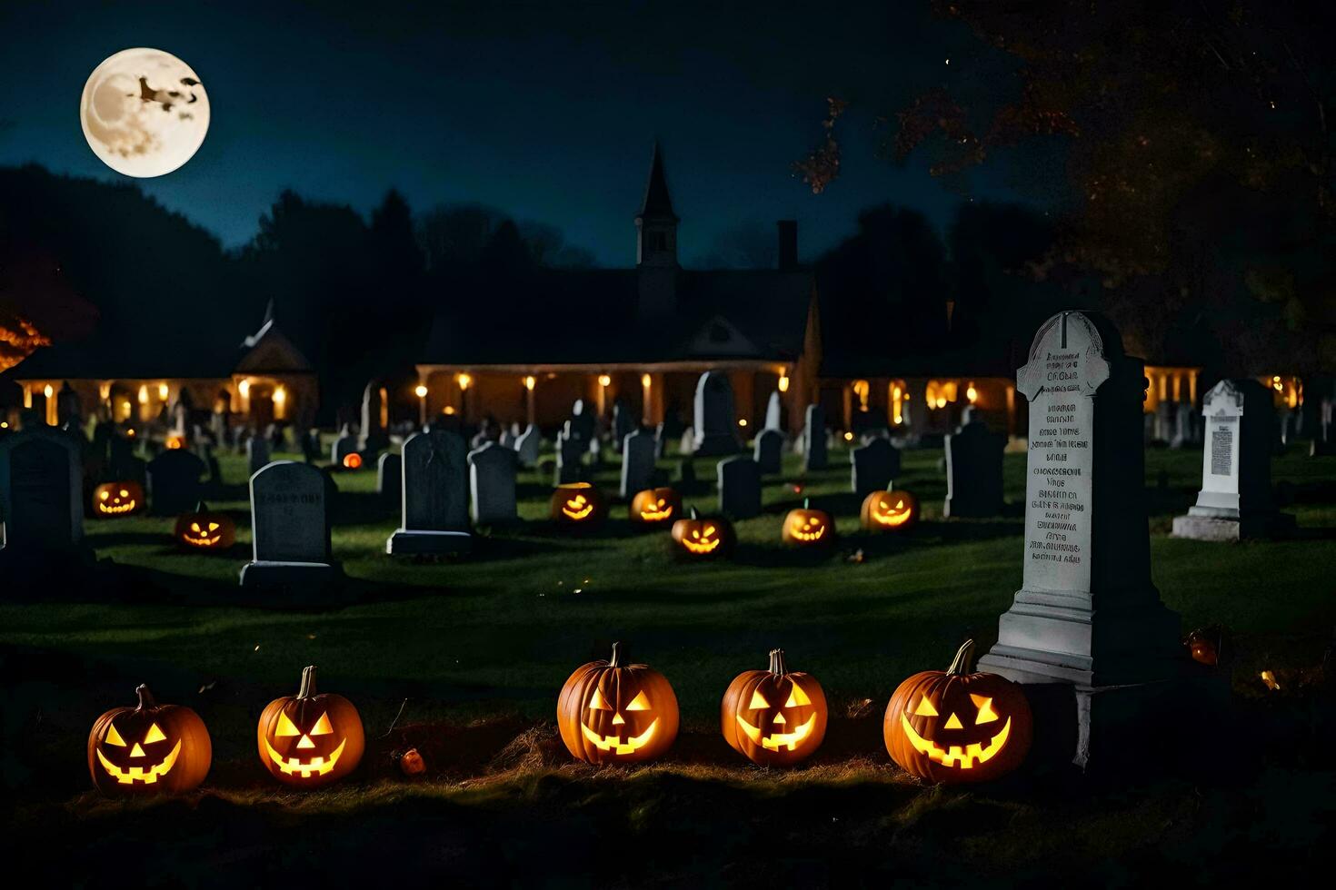 halloween pumpkins in a graveyard at night. AI-Generated photo