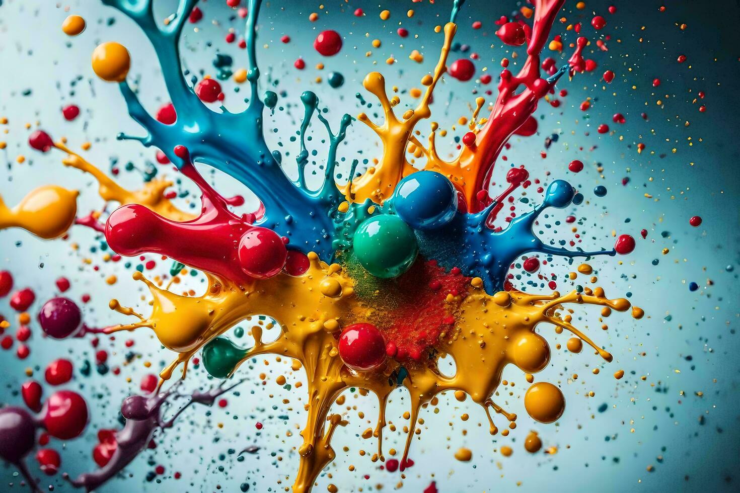 colorful paint splashes on a blue background. AI-Generated photo